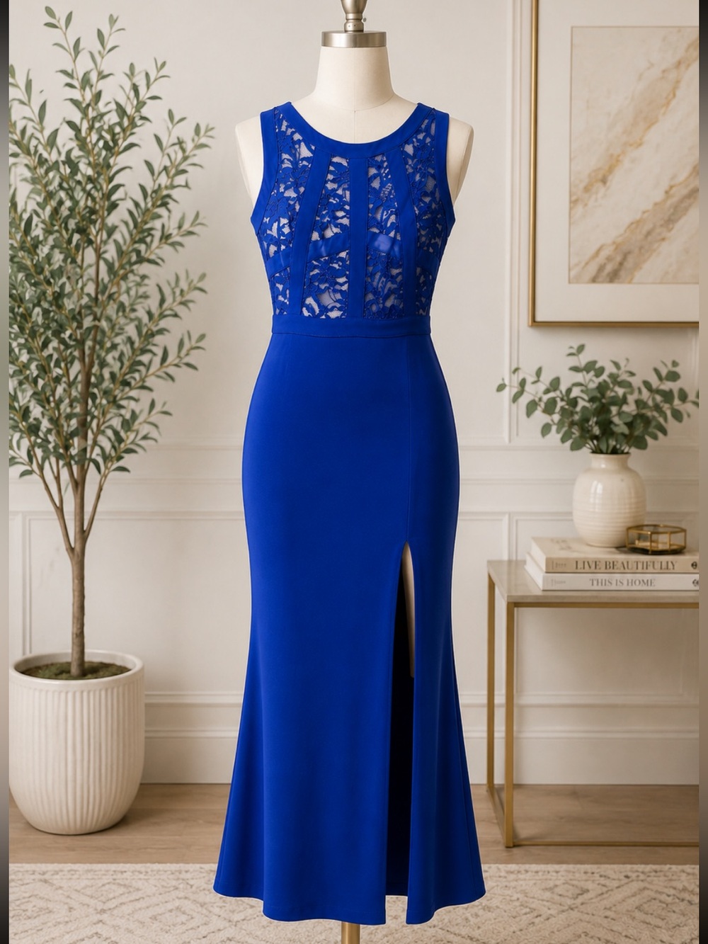 Morgan & Co. Royal Blue Lace Bodice Maxi Dress